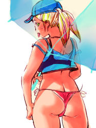 Rule 34 | 1girl, ass, baseball cap, bikini, bikini bottom only, blonde hair, blue hat, blue tank top, copyright request, cowboy shot, crop top, from behind, green eyes, hat, igarashi mangou, jewelry, looking at viewer, looking back, necklace, parasol, pink bikini, ponytail, race queen, see-through, side-tie bikini bottom, simple background, solo, standing, string bikini, sweat, swimsuit, tank top, tongue, tongue out, umbrella, white background
