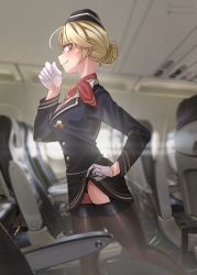 Rule 34 | 1girl, airplane interior, athies, blonde hair, blue eyes, blush, clothes lift, flight attendant, gloves, hair bun, hat, highres, hololive, hololive english, lifted by self, naughty face, pencil skirt, short hair, single hair bun, skirt, skirt lift, smile, thighhighs, travel attendant, uniform, virtual youtuber, watson amelia