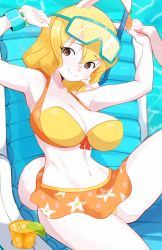 Rule 34 | 1girl, abs, blonde hair, bracelet, breasts, carrot, carrot (one piece), chair, cleavage, drink, drinking straw, food, fruit, furry, furry female, goggles, goggles on head, highres, jewelry, large breasts, lime (fruit), lime slice, one piece, pool, rabbit ears, rabbit girl, rabbit tail, short hair, snorkel, solo, swimsuit