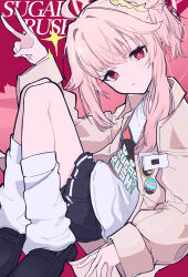 Rule 34 | 1girl, black footwear, black skirt, blue archive, haku (yanhaku), halo, highres, jacket, long hair, long sleeves, looking at viewer, natsu (band) (blue archive), natsu (blue archive), official alternate costume, open clothes, open jacket, parted lips, pink hair, pink halo, pleated skirt, red eyes, revision, shirt, shoes, skirt, socks, solo, v, white shirt, white socks, yellow jacket