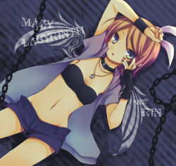 Rule 34 | 1girl, bandeau, blonde hair, blue eyes, chain, collar, hand on forehead, jewelry, kagamine rin, kuroi (liar-player), looking at viewer, midriff, nail polish, navel, open clothes, open mouth, open shirt, pendant, shirt, short hair, short shorts, shorts, solo, strapless, tube top, vocaloid