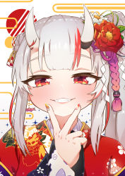 Rule 34 | 1girl, absurdres, blush, dot nose, fangs, floral print, flower, grin, hair flower, hair ornament, hair over one eye, hand up, highres, hololive, horns, japanese clothes, kimono, long sleeves, looking at viewer, mountain han, multicolored nails, nail art, nail polish, nakiri ayame, nakiri ayame (new year), red eyes, red flower, red kimono, skin-covered horns, smile, solo, upper body, v over mouth, virtual youtuber, white flower, wide sleeves