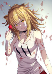 Rule 34 | 1girl, animal ears, arknights, bandaged arm, bandages, bare arms, bare shoulders, black choker, blonde hair, blood, blood from mouth, blood on clothes, breasts, candy, choker, cleavage, collarbone, commentary request, food, gradient background, grey background, hand up, head tilt, highres, holding, holding food, lion ears, lollipop, long hair, looking at viewer, medium breasts, oretahone, partial commentary, siege (arknights), smile, solo, tank top, upper body, white background, white tank top, wrist wrap, yellow eyes