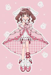 Rule 34 | 1girl, animal ears, artist request, bare shoulders, blush, bow, bridal garter, brown eyes, brown hair, detached collar, dress, full body, gingham, hair bow, hand on own chest, highres, idolmaster, idolmaster cinderella girls, layered dress, leg ribbon, looking at viewer, ogata chieri, pink background, pink dress, pink footwear, rabbit, rabbit ears, red ribbon, ribbon, sidelocks, smile, socks, solo, twintails, white socks