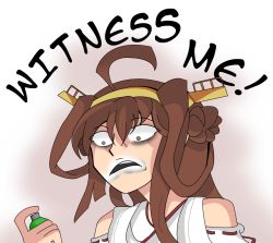 Rule 34 | &gt;:(, 1girl, ahoge, brown hair, detached sleeves, english text, headgear, kantai collection, kongou (kancolle), mad max, mad max: fury road, parody, silver, simple background, spray, spray paint, yumel2u