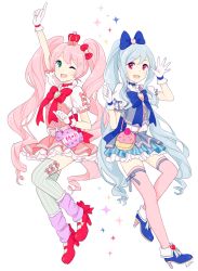 Rule 34 | 2girls, :d, ;d, aqua eyes, arm up, artist name, bag, belt, blue bow, blue footwear, blue hair, blush, bow, crown, dress, eyebrows, full body, gloves, hair bow, hair ornament, hairclip, handbag, highres, kise (swimmt), long hair, loose socks, mary janes, mini crown, multiple girls, one eye closed, open mouth, original, pink bow, pink dress, pink eyes, pink hair, pink legwear, pointing, pointing up, puffy short sleeves, puffy sleeves, purple legwear, red footwear, shoes, short sleeves, signature, simple background, smile, socks, sparkle, star (symbol), star print, striped clothes, striped legwear, striped thighhighs, thighhighs, vertical-striped clothes, vertical-striped thighhighs, very long hair, white background, white gloves