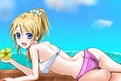 Rule 34 | 10s, 1girl, ass, ayase eli, bad anatomy, bikini, blonde hair, blue eyes, flower, long hair, love live!, love live! school idol festival, love live! school idol project, lying, on stomach, ponytail, solo, swimsuit, tranquilizer (bestcenter)