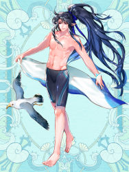 Rule 34 | 1boy, barefoot, bird, black hair, black jammers, black male swimwear, black sclera, blue background, blue ribbon, bracelet, colored sclera, commission, dairoku ryouhei, fantasy, full body, hair ribbon, inuru yamato, jammers, jewelry, long hair, looking at viewer, male focus, male swimwear, navel, pointy ears, ribbon, seagull, simple background, solo, standing, swimsuit, toned, toned male, towel, very long hair