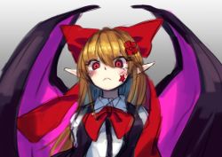 Rule 34 | 1girl, bat wings, berabou, blonde hair, blush, bow, bowtie, colorized, elis (touhou), facepaint, flower, gradient background, grey background, hair flower, hair ornament, hair ribbon, long hair, looking at viewer, looking down, md5 mismatch, pointy ears, red eyes, resized, ribbon, shirt, sketch, solo, star (symbol), touhou, touhou (pc-98), upper body, vest, wings