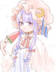 Rule 34 | 1girl, :t, blue ribbon, blush, bow, bowtie, capelet, commentary, crescent, crescent hat ornament, dress, eating, food, hair bow, hat, hat ornament, hat ribbon, long hair, looking at viewer, maru usagi, mob cap, patchouli knowledge, pink capelet, pink hat, popsicle, purple dress, purple eyes, purple hat, red ribbon, ribbon, sidelocks, solo, striped clothes, striped dress, sweatdrop, touhou, upper body, vertical-striped clothes, vertical-striped dress, watermelon bar