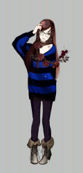 Rule 34 | 1girl, bad id, bad pixiv id, boots, brown eyes, brown hair, flower, glasses, long hair, long image, original, pantyhose, shikishima (eiri), solo, striped clothes, striped sweater, sweater, tall image