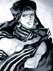 Rule 34 | 1boy, bad id, bad pixiv id, bare pectorals, battle tendency, blood, blood on chest, chocoblood, earrings, facial mark, hand on own chest, hat, highres, hoop earrings, horns, jewelry, jojo no kimyou na bouken, large pectorals, lip piercing, lip ring, male focus, monochrome, muscular, muscular male, official alternate costume, pectorals, piercing, puffy chest, scarf, sepia, solo, striped clothes, striped scarf, turban, unworn headwear, wamuu