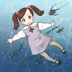 Rule 34 | 1girl, :d, animal, black footwear, blouse, blush, brown eyes, brown hair, brown pantyhose, collared dress, commentary request, dress, fish, full body, hair ornament, hair scrunchie, highres, long sleeves, looking at viewer, nagatsuki misoka, open mouth, original, pantyhose, purple dress, purple scrunchie, scrunchie, shirt, shoes, sleeveless, sleeveless dress, smile, solo, swept bangs, twintails, underwater, water, white shirt