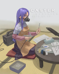 Rule 34 | 1girl, apron, blue eyes, blue hair, carnival phantasm, fate/stay night, fate (series), gas mask, long hair, mask, matching hair/eyes, medea (fate), paint, paintbrush, pointy ears, scotishfold, solo, tissue box