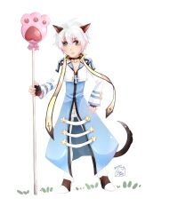 Rule 34 | 1boy, :/, animal ears, arch bishop (ragnarok online), balloon, black choker, black footwear, black gloves, blue coat, blue eyes, cat boy, cat ears, cat tail, choker, closed mouth, coat, commentary request, cropped jacket, dated, fingerless gloves, full body, gloves, hair between eyes, holding, holding staff, jacket, lanmei jiang, long sleeves, looking at viewer, male focus, medium bangs, medium hair, pants, paw print, ragnarok online, shoes, signature, simple background, solo, staff, standing, tail, two-tone footwear, white background, white footwear, white hair, white jacket, white pants