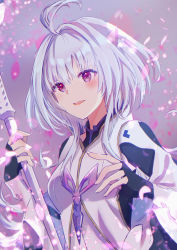 Rule 34 | 1girl, absurdres, ahoge, black gloves, blush, breasts, fate/grand order, fate/prototype, fate (series), fingerless gloves, gloves, highres, holding, holding staff, long hair, long sleeves, looking at viewer, medium breasts, merlin (fate/prototype), merlin (fate/prototype) (second ascension), open mouth, petals, purple eyes, robe, smile, staff, terulapi, very long hair, white hair, white robe, wide sleeves