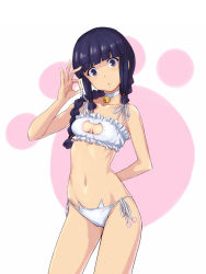 Rule 34 | 10s, 1girl, :o, bell, black hair, blunt bangs, bra, braid, breasts, breasts apart, cat cutout, cat ear panties, cat lingerie, choker, cleavage cutout, clothing cutout, collarbone, commentary request, cowboy shot, frilled bra, frills, grey eyes, groin, hair ribbon, head tilt, highres, jingle bell, kantai collection, kitakami (kancolle), long hair, looking at viewer, meme attire, navel, neck bell, open mouth, panties, paw print, paw print background, ribbon, rikushiki, side-tie panties, sidelocks, single braid, small breasts, solo, standing, stomach, tress ribbon, underwear, underwear only, white bra, white choker, white panties