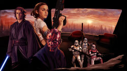 Rule 34 | 1girl, 5boys, anakin skywalker, bald, black sleeves, blue lightsaber, brandonsbrain, clone trooper, closed mouth, commentary, darth maul, dawn, energy sword, english commentary, fortnite, helmet, holding, holding lightsaber, holding weapon, kneeling, lightsaber, looking at viewer, multiple boys, official art, padme amidala, pointing, shirt, short hair, soldier, standing, star wars, star wars: attack of the clones, star wars: revenge of the sith, star wars: the phantom menace, sword, upper body, weapon, white shirt