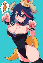 Rule 34 | 1girl, areola slip, armlet, black hair, black leotard, black thighhighs, blue background, blue eyes, blush, bowsette, bowsette (cosplay), bracelet, breasts, brooch, chunta, claw pose, cleavage, collar, cosplay, covered navel, crown, fingernails, gao, highleg, highleg leotard, highres, horns, jewelry, kill la kill, leotard, looking at viewer, mario (series), matoi ryuuko, medium breasts, multicolored hair, new super mario bros. u deluxe, nintendo, open mouth, red hair, senketsu, sharp fingernails, short hair, solo, spiked armlet, spiked bracelet, spiked collar, spiked tail, spikes, strapless, strapless leotard, streaked hair, super crown, sweatdrop, symbol-shaped pupils, tail, thighhighs