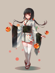Rule 34 | 1girl, absurdres, black hair, commentary, crystalherb, food, full body, grey background, gunkanmaki, hair bobbles, hair ornament, highres, japanese clothes, kimono, long hair, long sleeves, looking at viewer, low twintails, mole, mole under eye, obi, original, personification, red eyes, sandals, sash, simple background, smile, solo, standing, sushi, thighhighs, twintails, white thighhighs, wide sleeves, zouri
