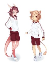 Rule 34 | 2girls, :3, animal ears, colored skin, dragon, dragon girl, furry, fuu (frol), hands in pockets, highres, horns, lion, multiple girls, open mouth, original, pink skin, scales, shorts, simple background, tail, track suit, white background