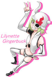 Rule 34 | 1girl, arrancar, bare shoulders, belly, bleach, breasts, clenched teeth, female focus, fingernails, flat chest, green hair, grin, highres, legs, lilynette gingerbuck, looking at viewer, navel, purple eyes, short hair, simple background, smile, solo, tagme, teeth, thighs, v