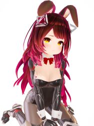 Rule 34 | 3d, :l, alternate costume, animal ears, breasts, brown hair, fake animal ears, gradient hair, hair ornament, highres, hololive, inflated lips, kneeling, leotard, long hair, mechanical arms, mechanical legs, medium breasts, multicolored hair, playboy bunny, pouting, red hair, roboco-san, sad, virtual youtuber, white background