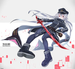Rule 34 | 1girl, belt, black dress, black footwear, black gloves, black hat, black pantyhose, black scarf, boots, breasts, brown belt, buttons, commentary request, copyright name, covered mouth, double-breasted, dress, duel monster, full body, gloves, grey background, grey hair, hair between eyes, hat, highres, holding, holding sword, holding weapon, long hair, long sleeves, looking at viewer, low twintails, nukenin, pantyhose, peaked cap, red eyes, scarf, sidelocks, signature, sky striker ace - roze, small breasts, solo, sword, twintails, two-tone background, two-tone dress, weapon, white background, white hair, yu-gi-oh!