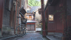 Rule 34 | bad id, bad pixiv id, bicycle, bicycle basket, building, cable, commentary, day, door, drainpipe, english commentary, gom jabbar, house, lamppost, millipen (medium), no humans, original, outdoors, painting (medium), plant, potted plant, power lines, road, scenery, sign, sky, street, tile roof, town, traditional media, tree, watercolor (medium)