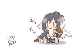 Rule 34 | 1girl, absurdly long hair, ainu clothes, animal ears, aquaplus, black hair, blush, boots, cat tail, chibi, dress, eating, food, full body, hair between eyes, hair ornament, high ponytail, holding, holding food, kuon (utawarerumono), layered sleeves, long hair, long sleeves, low-tied long hair, nike abc, ponytail, scarf, side slit, signature, sitting, solo, tail, tail wagging, translation request, utawarerumono, utawarerumono: itsuwari no kamen, very long hair, white tail