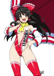 Rule 34 | 1girl, alternate costume, black hair, blush, bow, breasts, brown eyes, brown hair, center opening, detached sleeves, hair bow, hair tubes, hakurei reimu, hyouju issei, jpeg artifacts, long hair, looking at viewer, navel, one-piece swimsuit, open mouth, race queen, red thighhighs, sideboob, smile, solo, swimsuit, thighhighs, touhou, umbrella