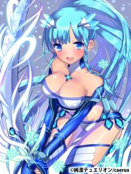 Rule 34 | 1girl, blue eyes, blue hair, blush, breasts, cleavage, copyright name, junketsu duelion, large breasts, long hair, mataro (matarou), matching hair/eyes, mitsunaga shizuku, official art, open mouth, snowflakes, solo, sword, very long hair, weapon