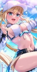 Rule 34 | 1girl, absurdres, akirannu, artoria caster (fate), artoria caster (swimsuit) (fate), artoria caster (swimsuit) (first ascension) (fate), artoria pendragon (fate), asymmetrical clothes, baseball cap, bikini, black pants, blonde hair, blue sky, blush, breasts, cleavage, cropped jacket, fate/grand order, fate (series), green eyes, hat, highres, jacket, long hair, long sleeves, looking at viewer, medium breasts, navel, open mouth, pants, shrug (clothing), single pantsleg, sky, smile, solo, swimsuit, thighs, twintails, water drop, white bikini, white hat, white jacket