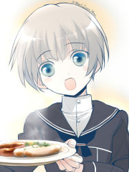 Rule 34 | 10s, 1girl, blue eyes, kantai collection, open mouth, plate, primary stage, sailor, sailor collar, sausage, short hair, silver hair, solo, twitter username, z1 leberecht maass (kancolle)