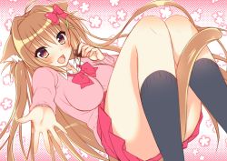 Rule 34 | 1girl, :d, akashi (akashimichi), animal ears, blush, bow, breasts, brown hair, candy, cat ears, cat tail, chocolate, chocolate heart, food, hair bow, heart, large breasts, long hair, looking at viewer, multicolored eyes, open mouth, original, smile, socks, solo, tail, very long hair