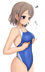 1girl absurdres ass bare_shoulders blue_eyes blush breasts brown_hair grabbing_own_breast highres looking_at_viewer love_live! love_live!_sunshine!! short_hair simple_background solo swimsuit tatsumi432 thighs watanabe_you