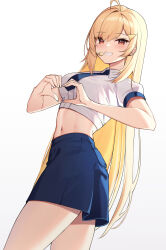 Rule 34 | 1girl, absurdres, ahoge, blonde hair, blue skirt, breasts, collared shirt, cowboy shot, crop top, grin, hair ornament, hairclip, heart, heart hands, highres, jingburger, long hair, looking at viewer, medium breasts, midriff, miniskirt, navel, necktie, red eyes, shirt, short sleeves, simple background, skirt, smile, solo, stomach, thighs, virtual youtuber, waktaverse, white background, white shirt, ziro (zirorong)