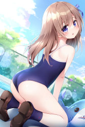 Rule 34 | 1girl, :o, ass, bare arms, bare shoulders, blue bow, blue eyes, blue one-piece swimsuit, blue socks, blush, bow, brown footwear, brown hair, chain-link fence, commentary request, day, fence, from behind, hair between eyes, hair bow, hatsuhi, head tilt, highres, inflatable shark, inflatable toy, loafers, long hair, looking at viewer, looking back, one-piece swimsuit, original, outdoors, parted lips, school swimsuit, shoe soles, shoes, socks, solo, swimsuit