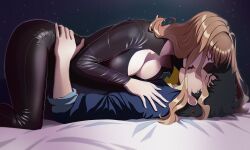 Rule 34 | 1boy, 1girl, blonde hair, breasts, catsuit, cleavage, closed eyes, couple, cowboy bebop, curly hair, formal, green hair, happyboynumber1, happyboyworld, highres, julia (cowboy bebop), kiss, large breasts, leather, lipstick, makeup, spike spiegel, suit