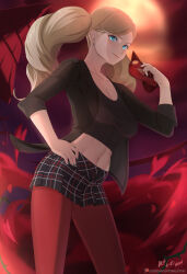 Rule 34 | 1girl, absurdres, black jacket, black skirt, blonde hair, blue eyes, blue nails, breasts, cleavage, closed mouth, collarbone, crop top, earrings, hand on own hip, highres, holding, holding mask, jacket, jewelry, large breasts, long hair, mask, midriff, miniskirt, nail polish, navel, open clothes, open jacket, pantyhose, parted bangs, patreon logo, patreon username, persona, persona 5, plaid, plaid skirt, pleated skirt, red pantyhose, signature, skirt, sleeves rolled up, smile, smug, solo, standing, stomach, takamaki anne, twintails, vilde loh hocen