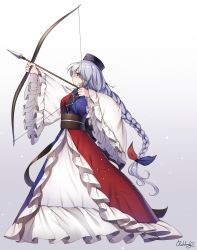 Rule 34 | 1girl, absurdres, adapted costume, arrow (projectile), artist name, blue eyes, blue hat, blue kimono, blue ribbon, bow (weapon), braid, constellation print, drawing bow, dress, from side, full body, gradient background, grey background, grey hair, hair ribbon, hat, highres, holding, holding bow (weapon), holding weapon, japanese clothes, kimono, long hair, long sleeves, multicolored clothes, multicolored kimono, nurse cap, pudding (skymint 028), red kimono, red ribbon, ribbon, solo, touhou, very long hair, weapon, white dress, yagokoro eirin