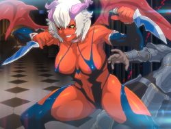 Rule 34 | 1boy, 1girl, areola slip, armor, black sclera, blood, blood splatter, breasts, checkered floor, choker, colored sclera, colored skin, covered erect nipples, dagger, demon girl, demon horns, demon wings, detached sleeves, dual wielding, game cg, grin, holding, horns, indoors, knife, large breasts, leaning forward, lens flare, leotard, navel, nighthawk (circle), orange skin, red skin, revealing clothes, short hair, smile, spread legs, standing, stopping!!! (series), stopping!! 12 fantasy hen, thighhighs, weapon, white choker, white hair, wings, yellow eyes