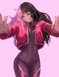 Rule 34 | 1girl, 6maker, ;d, absurdres, black bodysuit, black hair, bodysuit, breasts, cropped jacket, grin, highres, jacket, long hair, looking at viewer, multicolored hair, one eye closed, open mouth, original, outstretched arms, pink background, pink eyes, pink hair, red jacket, skin tight, smile, solo, two-tone hair