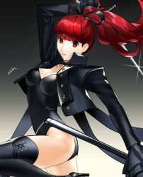 Rule 34 | 1girl, black choker, black footwear, black jacket, black leotard, boots, breasts, btmr game, choker, cleavage, closed mouth, frilled sleeves, frills, gradient background, hair ribbon, high collar, high heel boots, high heels, highres, holding, holding sword, holding weapon, jacket, leg up, leotard, long hair, medium breasts, persona, persona 5, persona 5 the royal, red eyes, red hair, ribbon, sheath, signature, simple background, solo, sparkle, sword, thigh boots, thighhighs, weapon, yoshizawa kasumi