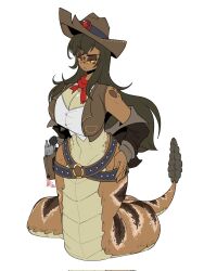 Rule 34 | 1girl, bandana, bandana around neck, breasts, brown hair, brown hat, brown jacket, brown vest, cassidy (bandicootmayhem), cleavage, colored sclera, cowboy hat, crop top, cropped vest, gogomrdodo, gun, handgun, hat, highres, holster, jacket, lamia, large breasts, long hair, monster girl, off shoulder, open clothes, open jacket, open vest, original, red bandana, scales, shirt, signature, simple background, slit pupils, solo, vest, weapon, white background, white shirt, yellow sclera