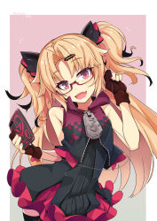 Rule 34 | 1girl, :d, akatsuki uni, bare shoulders, black dress, black thighhighs, blonde hair, blush, brown gloves, cellphone, character name, dress, earbuds, earphones, fang, fingernails, glasses, gloves, hair ornament, hairclip, hand up, head tilt, highres, holding, holding earphones, holding phone, long hair, looking at viewer, ogami kazuki, open mouth, parted bangs, partially fingerless gloves, phone, red-framed eyewear, red eyes, semi-rimless eyewear, smile, solo, thighhighs, two side up, under-rim eyewear, uni create, very long hair, virtual youtuber, zipper pull tab
