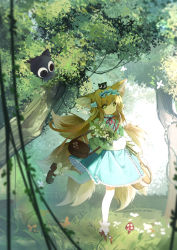 Rule 34 | 1girl, absurdres, animal ear fluff, animal ears, arknights, bag, blonde hair, blue hairband, blue skirt, bouquet, brown footwear, closed mouth, crossover, day, flower, fox ears, fox girl, fox tail, frilled hairband, frills, green eyes, hair between eyes, hairband, heixiu, highres, jacket, kitsune, long hair, long sleeves, looking at viewer, neck ribbon, hugging object, on head, open clothes, open jacket, outdoors, pantyhose, puffy long sleeves, puffy sleeves, red ribbon, ribbon, shirt, shoes, shoulder bag, skirt, smile, standing, standing on one leg, suyi-j, suzuran (arknights), suzuran (spring praise) (arknights), tail, luo xiaohei zhanji, tree, very long hair, white flower, white jacket, white pantyhose, white shirt