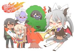 1boy 4girls black_footwear black_hair black_jacket black_pants blush boots brown_cardigan brown_footwear brown_hair cardigan character_request chibi clothes_around_waist collared_shirt colored_skin dragon_girl dragon_horns dragon_wings elf elu_(1st_costume)_(nijisanji) elu_(nijisanji) fire gilzaren_iii gilzaren_iii_(1st_costume) green_shirt grey_hair grey_skirt hair_between_eyes half-closed_eyes higuchi_kaede higuchi_kaede_(1st_costume) holding holding_instrument horns i_heart... in_tree instrument jacket kemonomimi_mode multiple_girls necktie nijisanji nose_blush open_clothes open_jacket pants pleated_skirt pointy_ears purple_necktie purple_skin rebecca_(keinelove) red_eyes red_wings rocket school_uniform shirt shoes side_ponytail simple_background skirt small_sweatdrop socks sweat translation_request tree trumpet tsukino_mito virtual_youtuber white_background white_hair white_shirt white_socks wide_oval_eyes wings