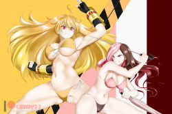 Rule 34 | &gt;:d, 2girls, ahoge, angry, arm up, armpits, battle, bikini, black bikini, black gloves, blonde hair, breasts, brown eyes, brown hair, cleavage, clenched hand, clenched teeth, concealed weapon, ember celica (rwby), female focus, fingerless gloves, floating hair, front-tie top, gloves, grin, groin tendon, hair between eyes, heterochromia, highres, kimmy77, large breasts, long hair, looking at another, midriff, multicolored background, multicolored hair, multiple girls, naughty face, navel, neo politan, patreon username, pink bikini, pink eyes, pink hair, pouch, red eyes, rwby, scarf, side-tie bottom, smile, smirk, split-color hair, swimsuit, sword cane, teeth, thighs, umbrella, v-shaped eyebrows, very long hair, watermark, weapon, web address, yang xiao long, yellow bikini