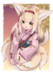 Rule 34 | 1girl, animal ears, apron, arknights, commentary request, flower, fox ears, fox girl, fox tail, frilled apron, frills, gold osmanthus, green eyes, hair flower, hair ornament, hairband, hand up, highres, japanese clothes, kimono, kitsune, kyuubi, long hair, long sleeves, multiple tails, obi, official alternate costume, open mouth, pink kimono, pinwheel, red hairband, sash, solo, suzuran (arknights), suzuran (yukibare) (arknights), tail, waist apron, white apron, wide sleeves, yokuto